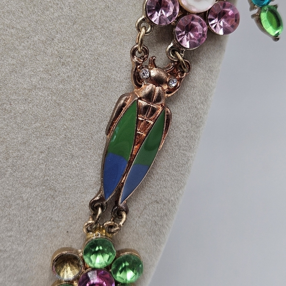 VINTAGE Ornate Rhinestone Dragonfly Cicada Butterfly Ribbon Statement Necklace - Picture 4 of 9